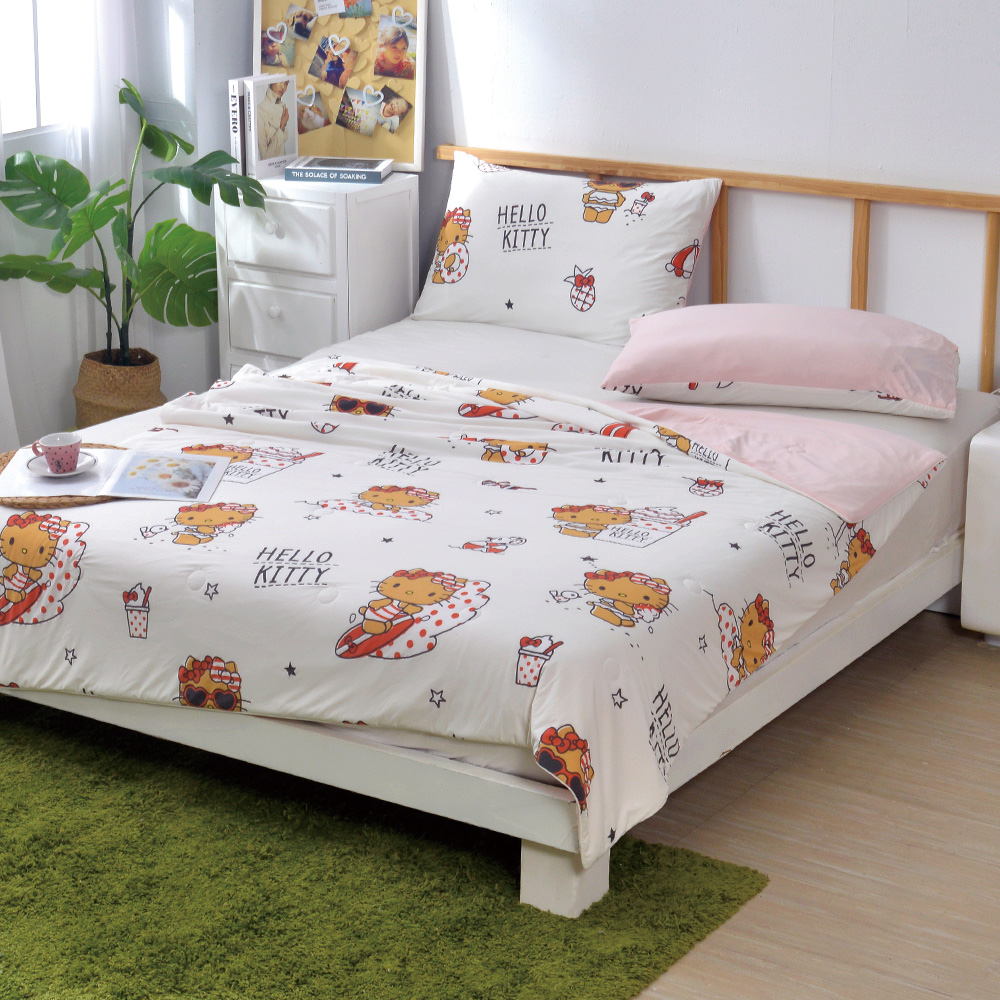 [超值組合] Sanrio-曬黑Hello Kitty | ICECOOL眠綿冰蠶絲蛋白抗菌涼感涼被(150*195cm)+舒柔水洗枕