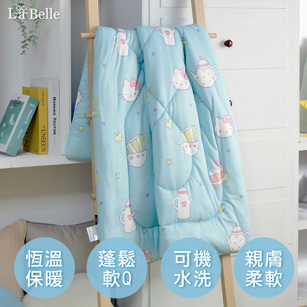 [超值組合] Sanrio-HELLO KITTY午茶時光藍 | 海島針織棉可水洗兒童暖暖被105*135CM+洗衣袋