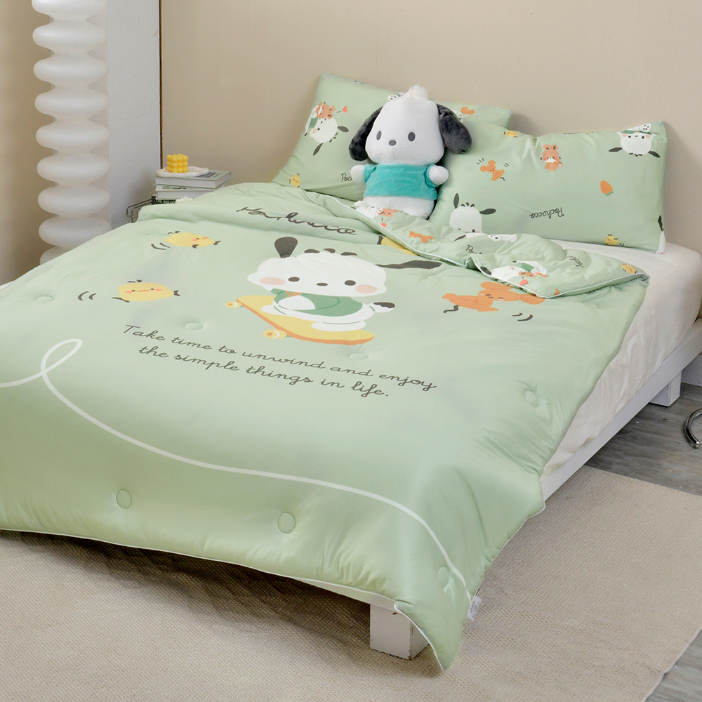 [超值組合] Sanrio-淘氣帕恰狗 | 海島針織防蟎抗菌暖暖被150*195CM+洗衣袋
