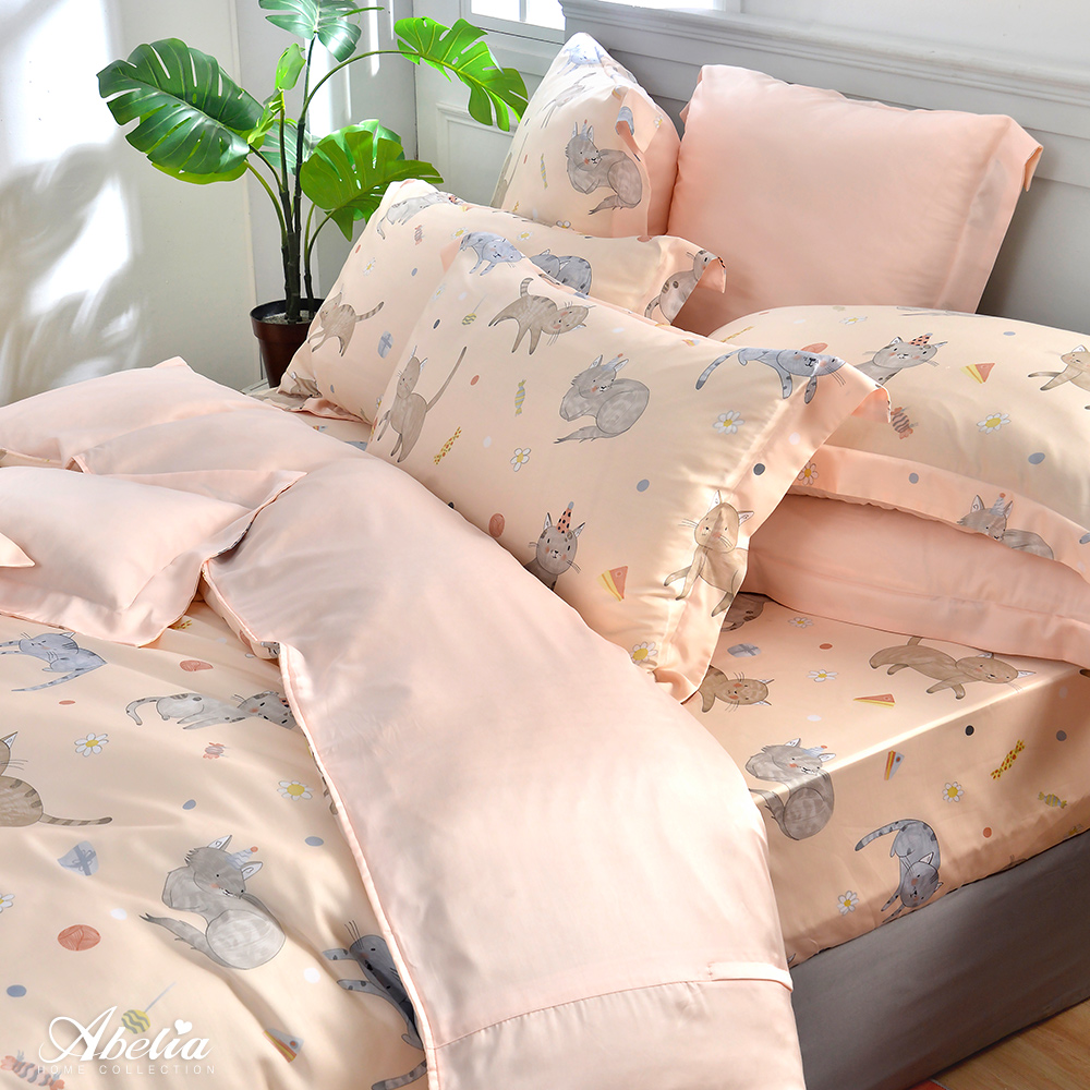 英國Abelia《蜜糖甜喵》特大天絲四件式防蹣抗菌吸濕排汗兩用被床包組