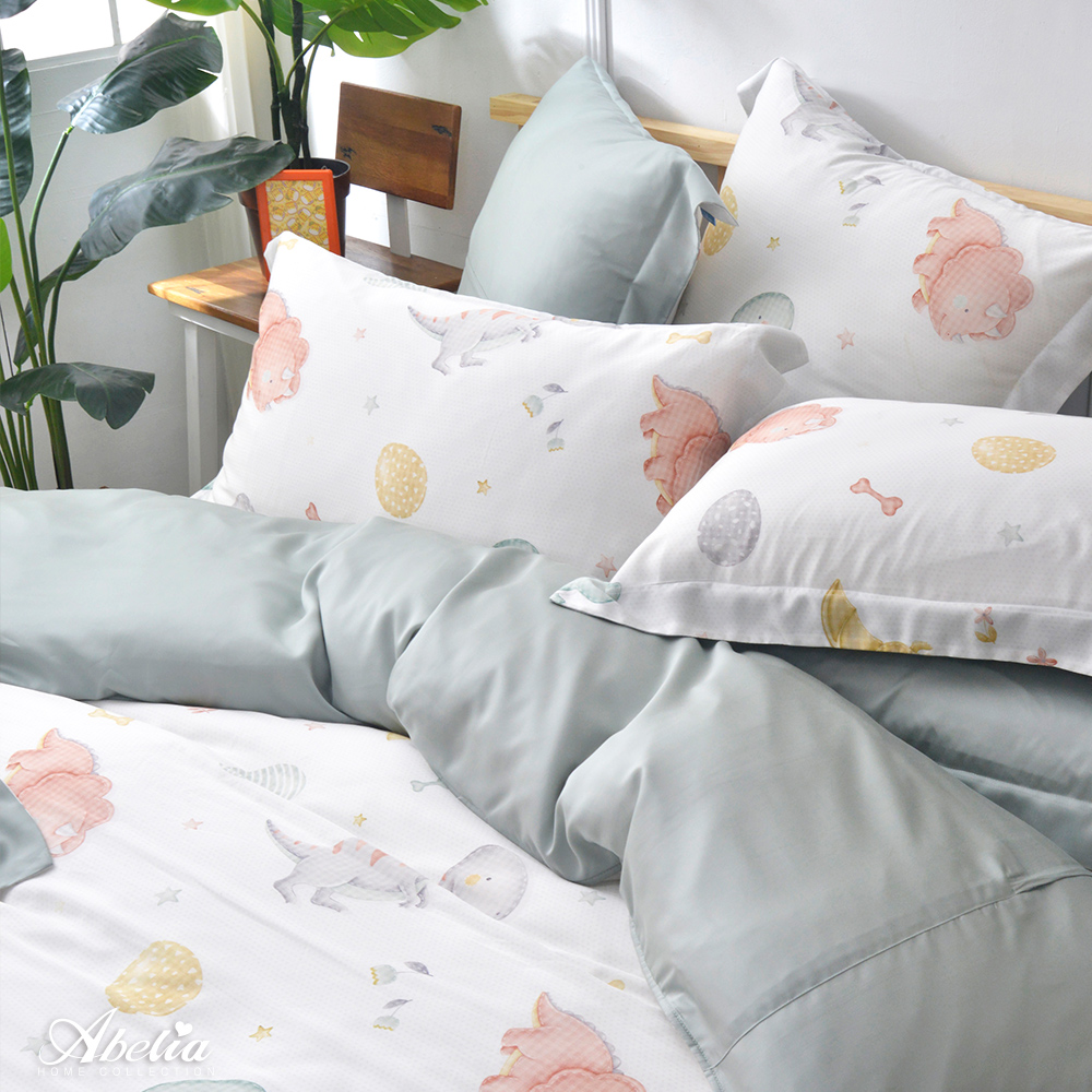 英國Abelia《頑皮恐龍蛋》單人天絲四件式防蹣抗菌吸濕排汗兩用被床包組(S包D被)