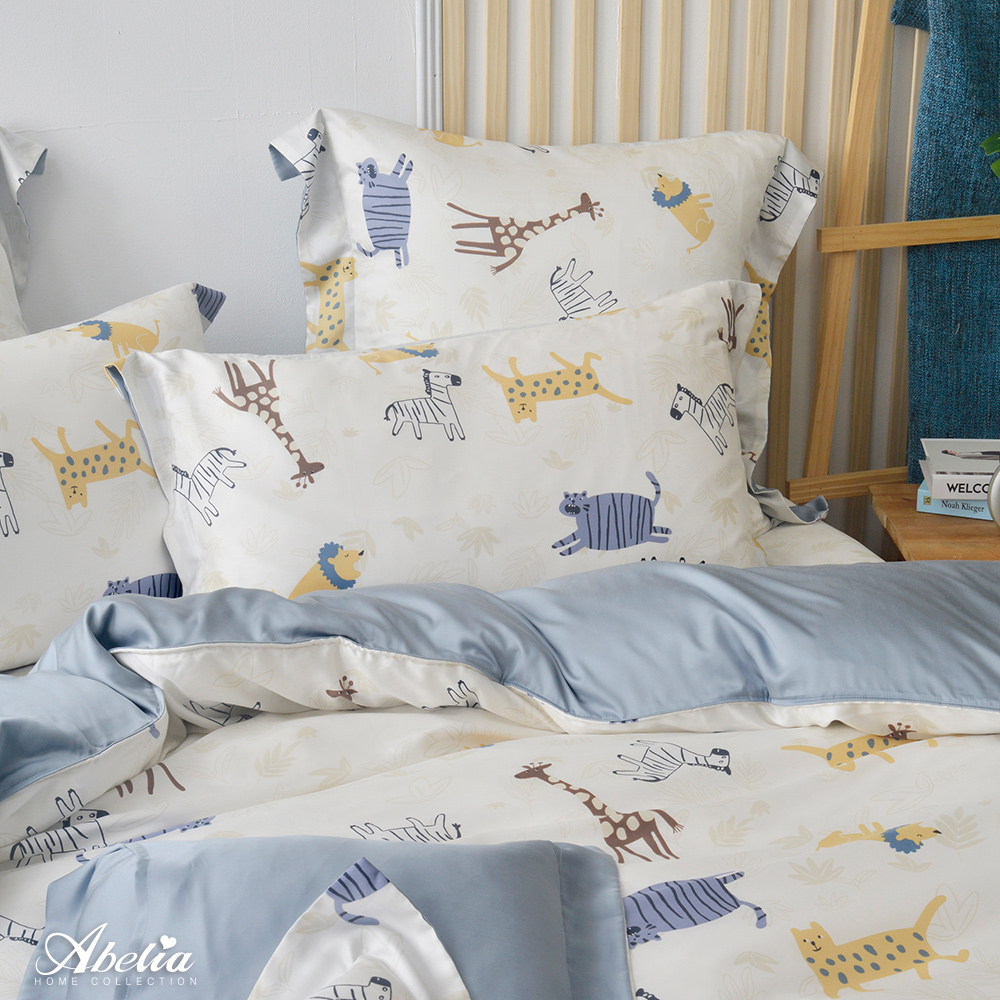 英國Abelia《野生動物園》單人天絲四件式防蹣抗菌吸濕排汗兩用被床包組(S包D被)