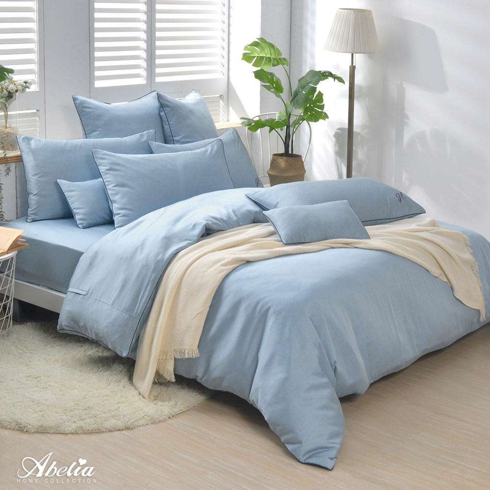 英國Abelia《唯蕾時光》雙人天絲刺繡滾邊四件式防蹣抗菌吸濕排汗兩用被床包組