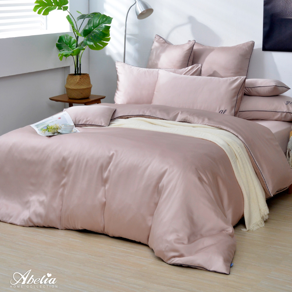 英國Abelia《唯蕾時光》雙人天絲刺繡滾邊四件式防蹣抗菌吸濕排汗兩用被床包組