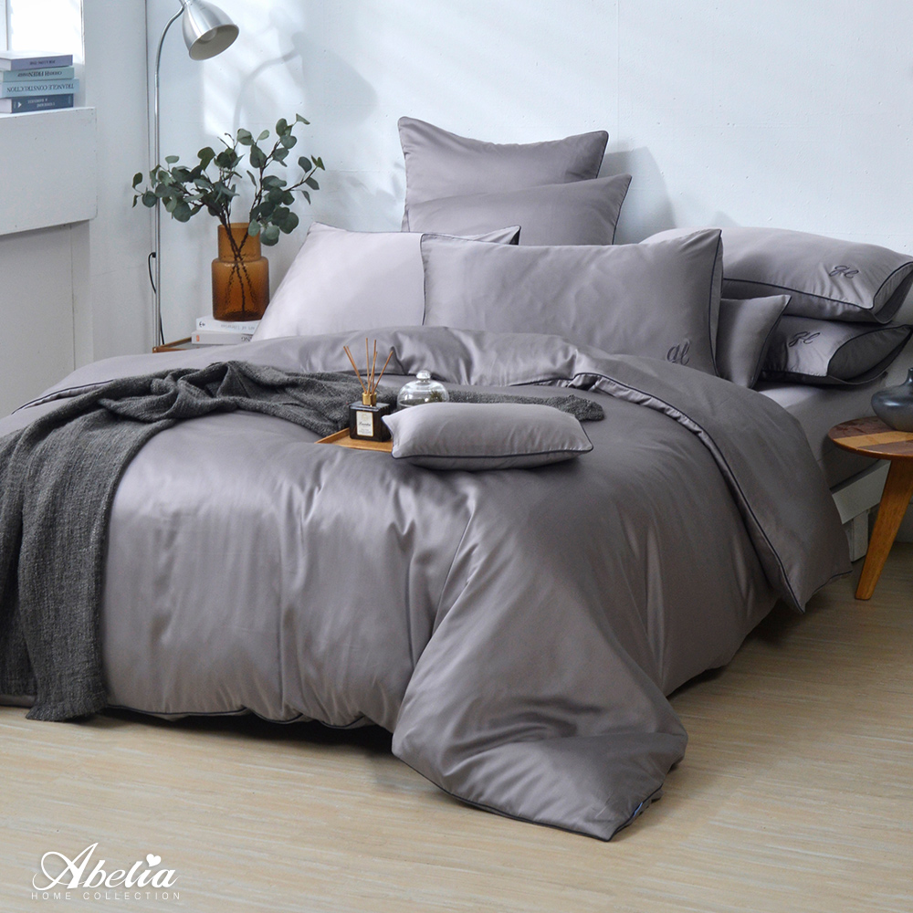 英國Abelia《唯蕾時光》雙人天絲刺繡滾邊四件式防蹣抗菌吸濕排汗兩用被床包組