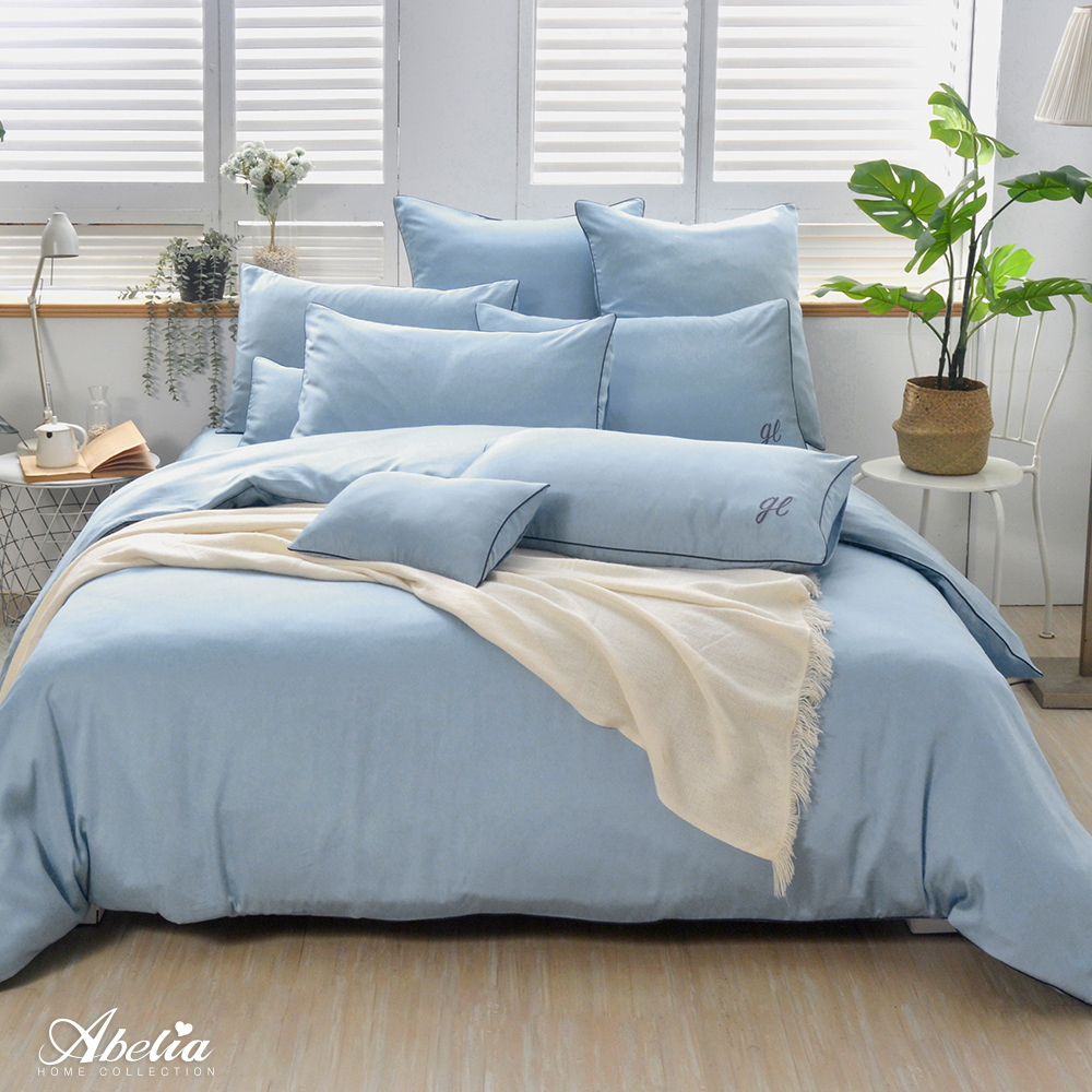 英國Abelia《唯蕾時光》雙人天絲刺繡滾邊四件式防蹣抗菌吸濕排汗兩用被床包組