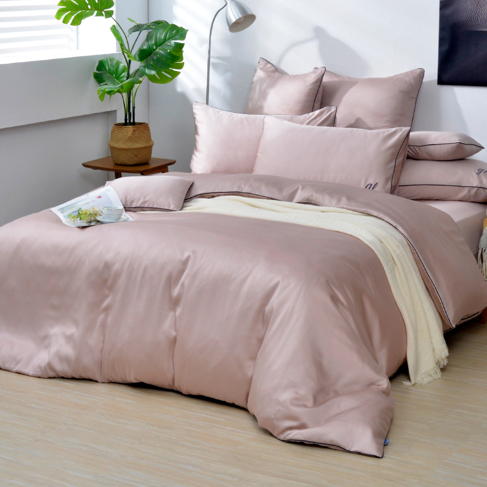 英國Abelia《唯蕾時光》雙人天絲刺繡滾邊四件式防蹣抗菌吸濕排汗兩用被床包組