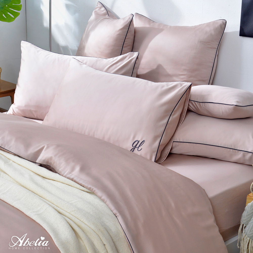 英國Abelia《唯蕾時光》特大天絲刺繡滾邊四件式防蹣抗菌吸濕排汗兩用被床包組