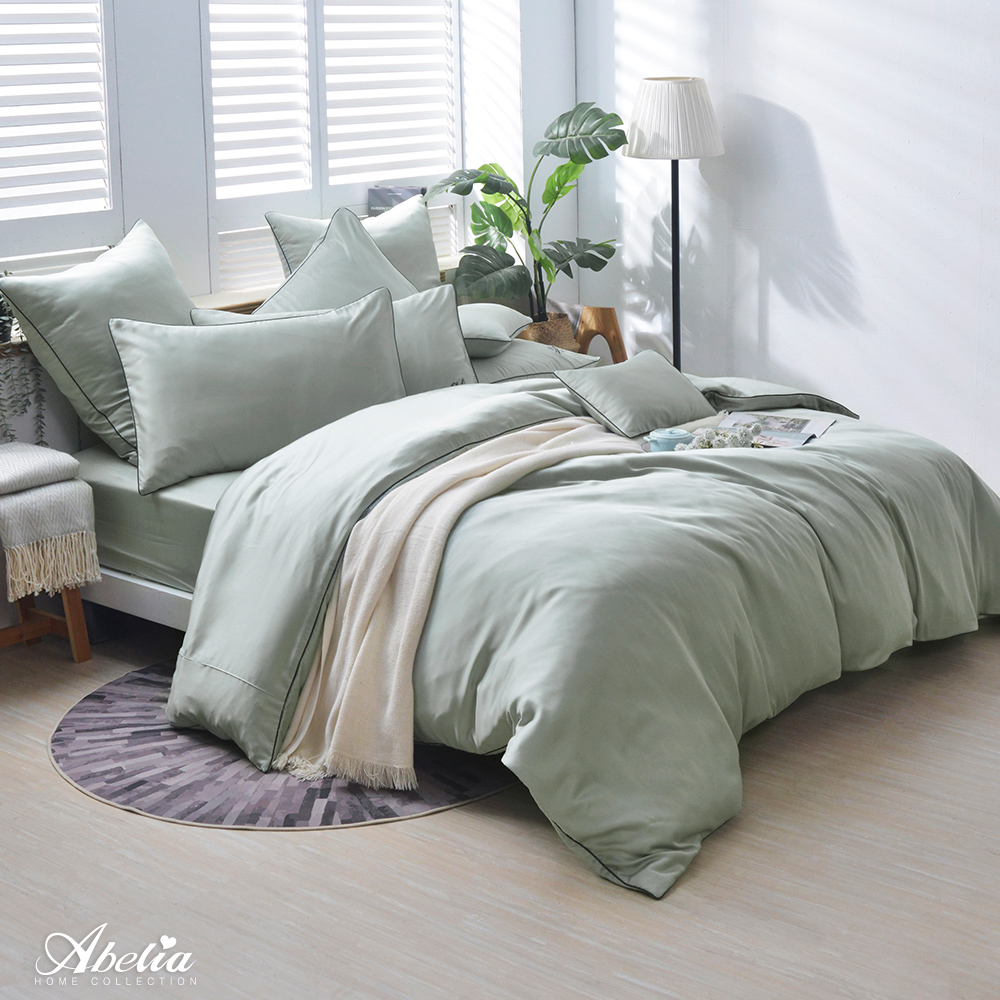 英國Abelia《唯蕾時光》加大天絲刺繡滾邊四件式防蹣抗菌吸濕排汗兩用被床包組