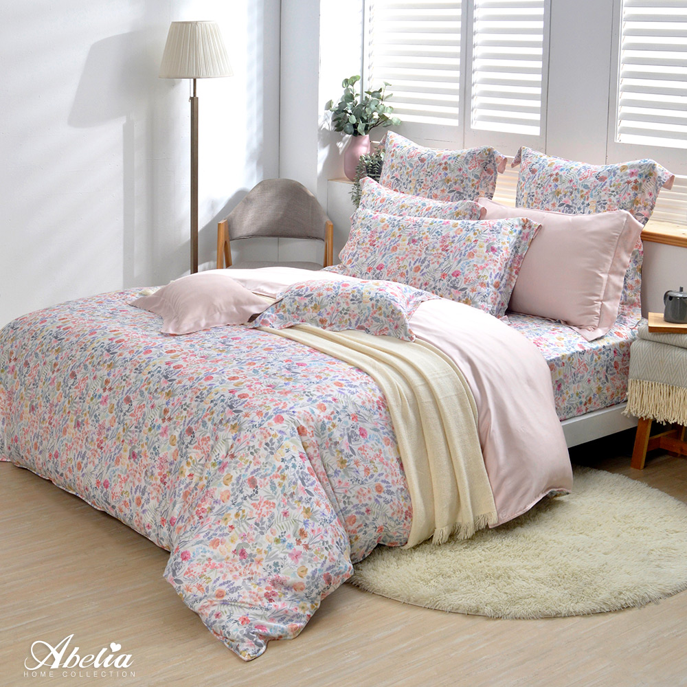 英國Abelia《瀲灩花色》雙人天絲四件式防蹣抗菌吸濕排汗兩用被床包組