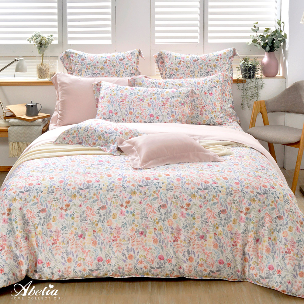 英國Abelia《瀲灩花色》加大天絲四件式防蹣抗菌吸濕排汗兩用被床包組
