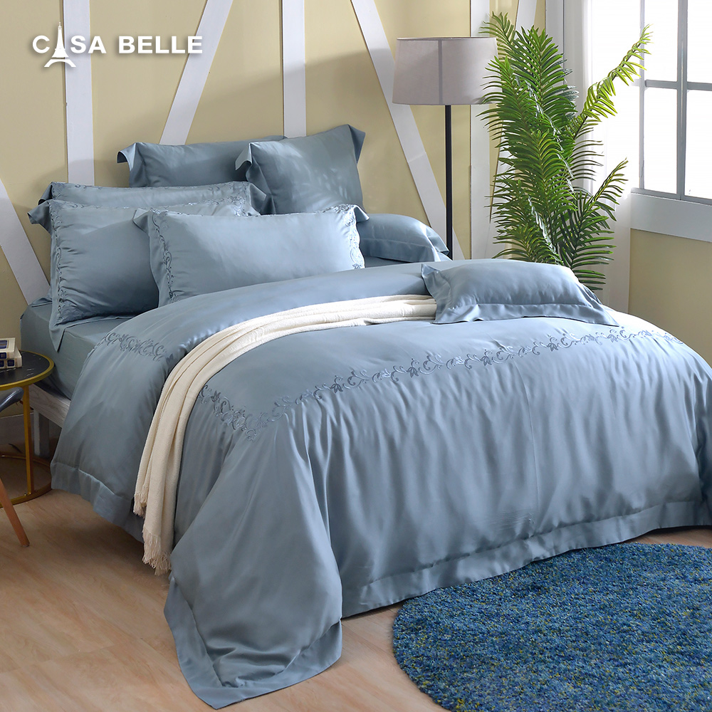 法國CASA BELLE《維爾克》加大天絲刺繡四件式防蹣抗菌吸濕排汗兩用被床包組(共三色)