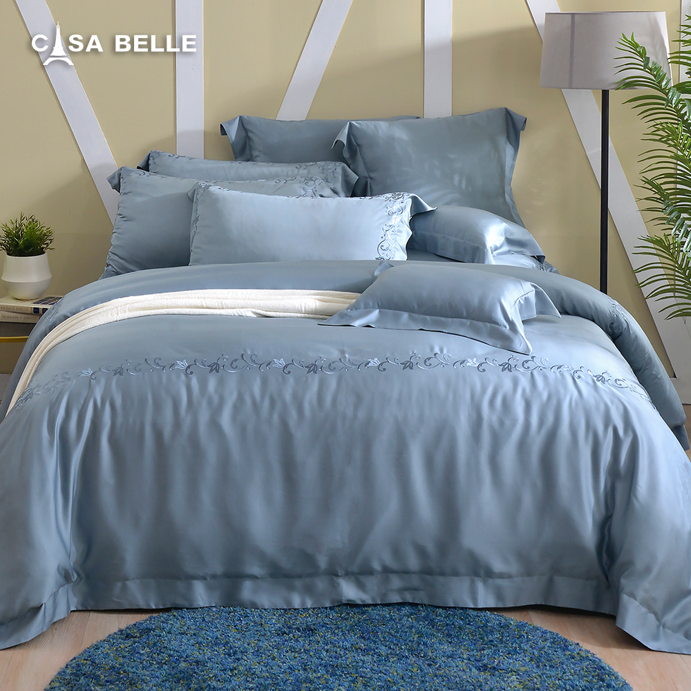 法國CASA BELLE《維爾克》加大天絲刺繡四件式防蹣抗菌吸濕排汗兩用被床包組(共三色)