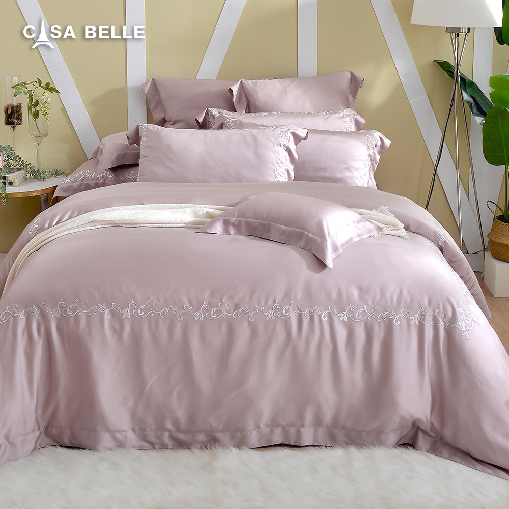 法國CASA BELLE《維爾克》加大天絲刺繡四件式防蹣抗菌吸濕排汗兩用被床包組(共三色)