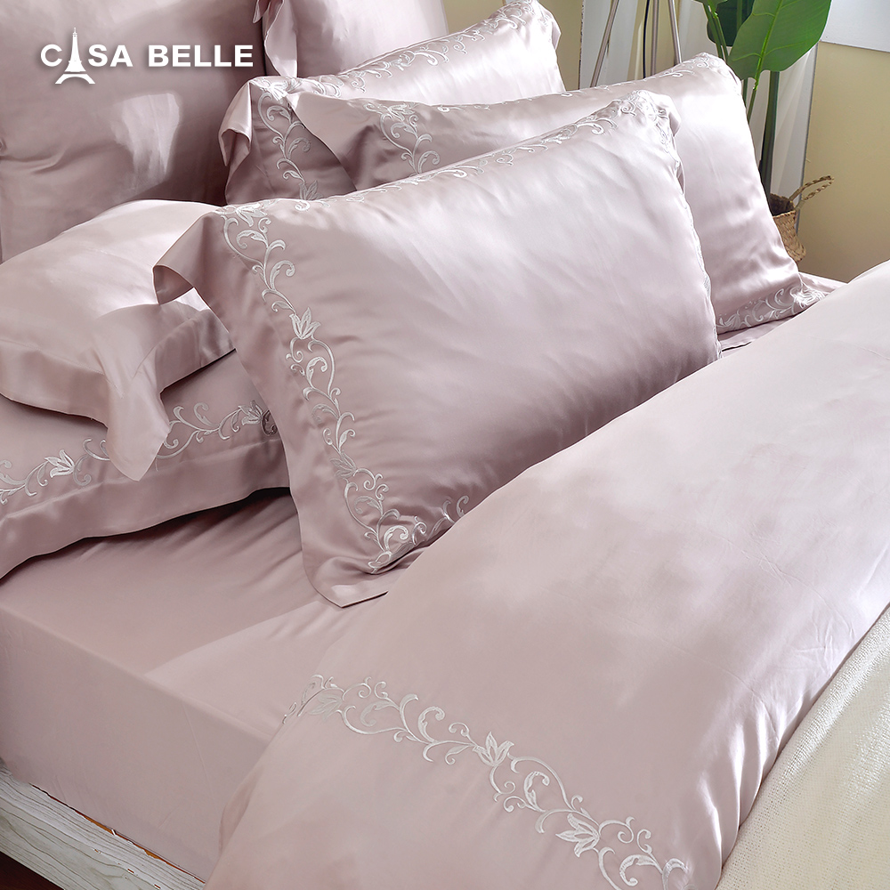 法國CASA BELLE《維爾克》加大天絲刺繡四件式防蹣抗菌吸濕排汗兩用被床包組(共三色)