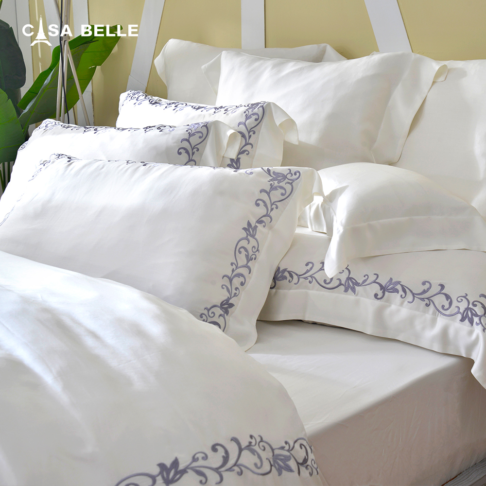 法國CASA BELLE《維爾克》加大天絲刺繡四件式防蹣抗菌吸濕排汗兩用被床包組(共三色)