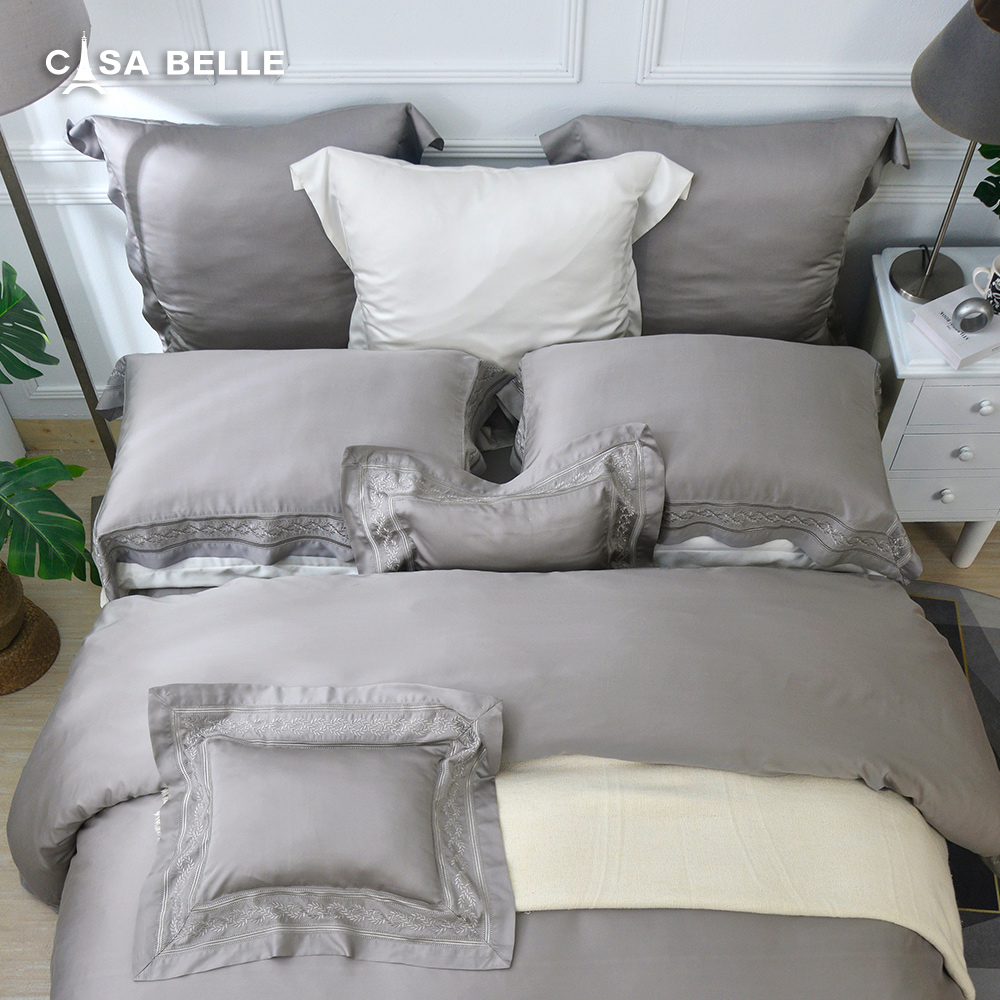 法國CASA BELLE《靜葉如詩》特大天絲刺繡蠶絲蛋白防蹣抗菌吸濕排汗兩用被床包組