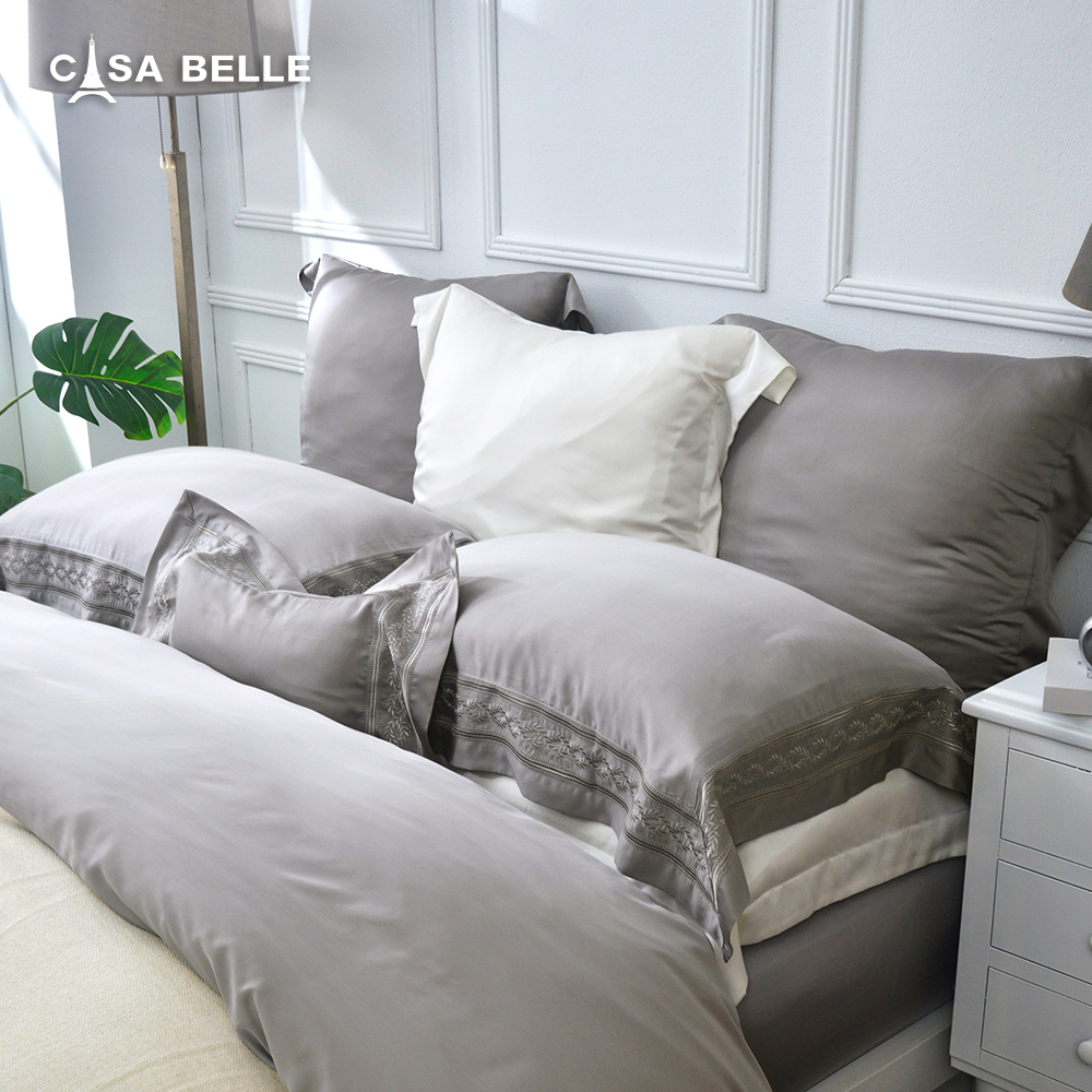 法國CASA BELLE《靜葉如詩》加大天絲刺繡蠶絲蛋白防蹣抗菌吸濕排汗兩用被床包組