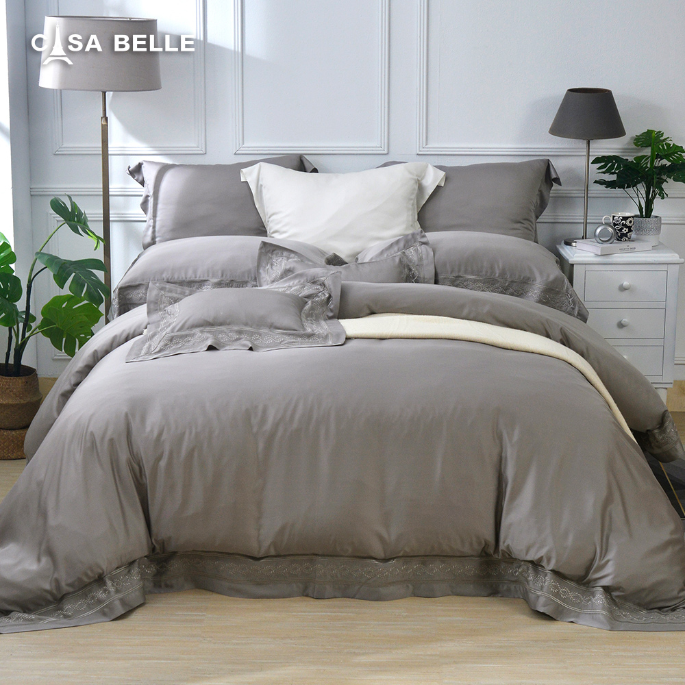 法國CASA BELLE《靜葉如詩》加大天絲刺繡蠶絲蛋白防蹣抗菌吸濕排汗兩用被床包組