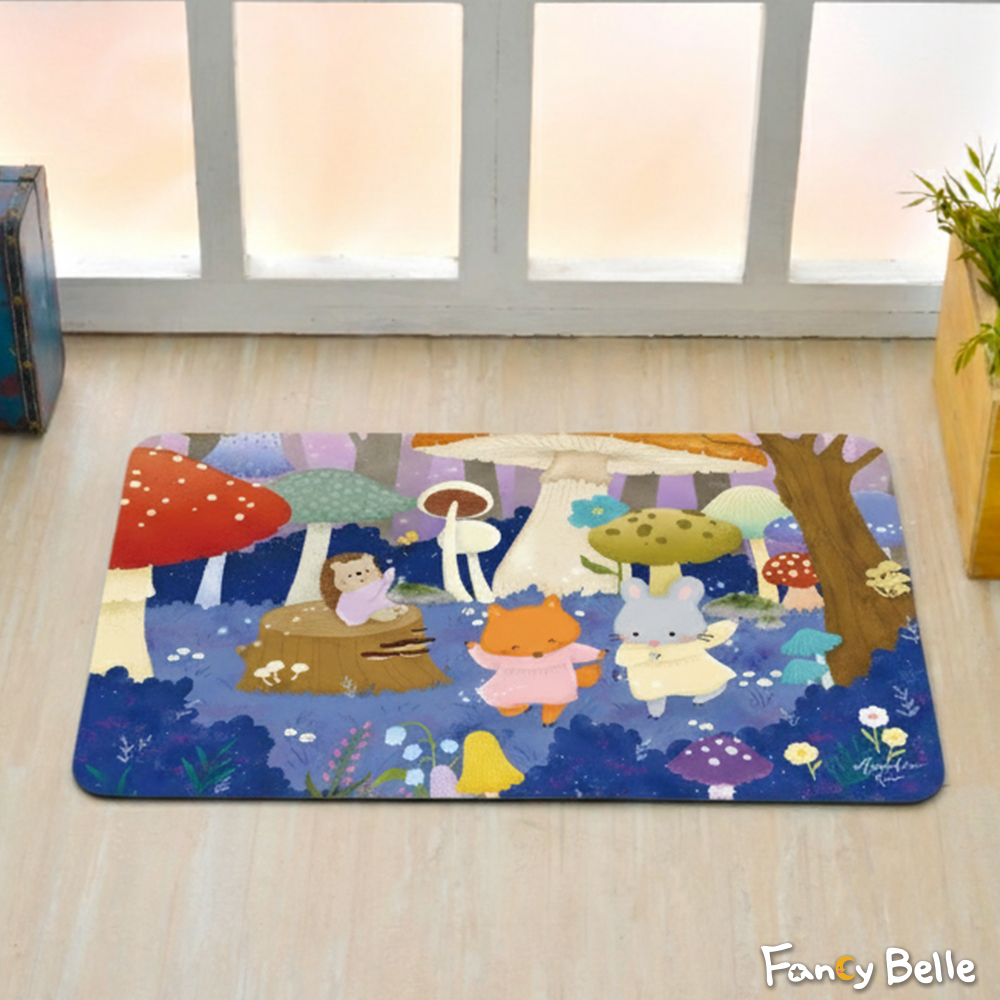 義大利Fancy Belle X Mandie Kuo《蘑菇森林》抗菌可水洗軟式珪藻土強效吸水地墊 60*39CM