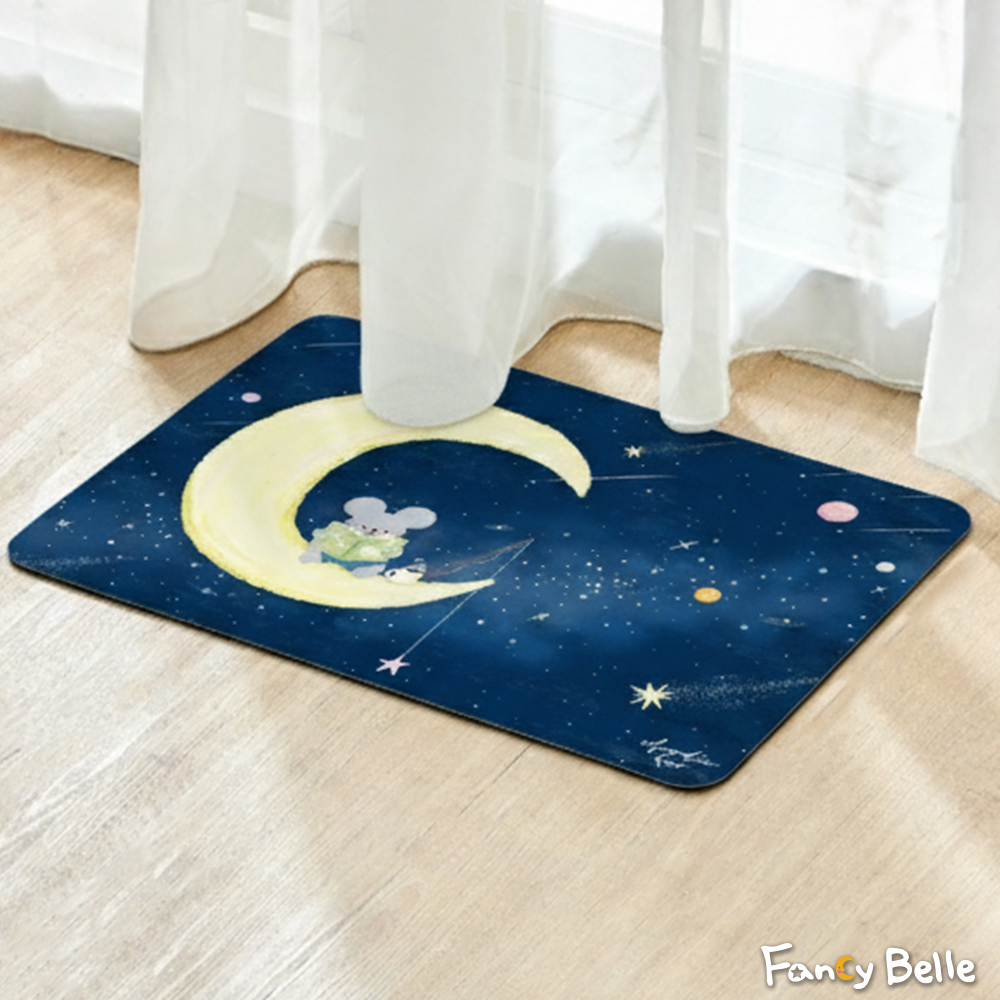 義大利Fancy Belle X Mandie Kuo《月夜小書蟲》抗菌可水洗軟式珪藻土強效吸水地墊 60*39CM