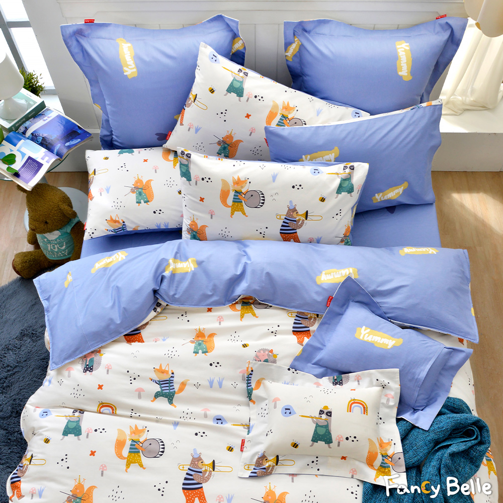 義大利Fancy Belle《森林音樂會》雙人純棉四件式防蹣抗菌吸濕排汗兩用被床包組