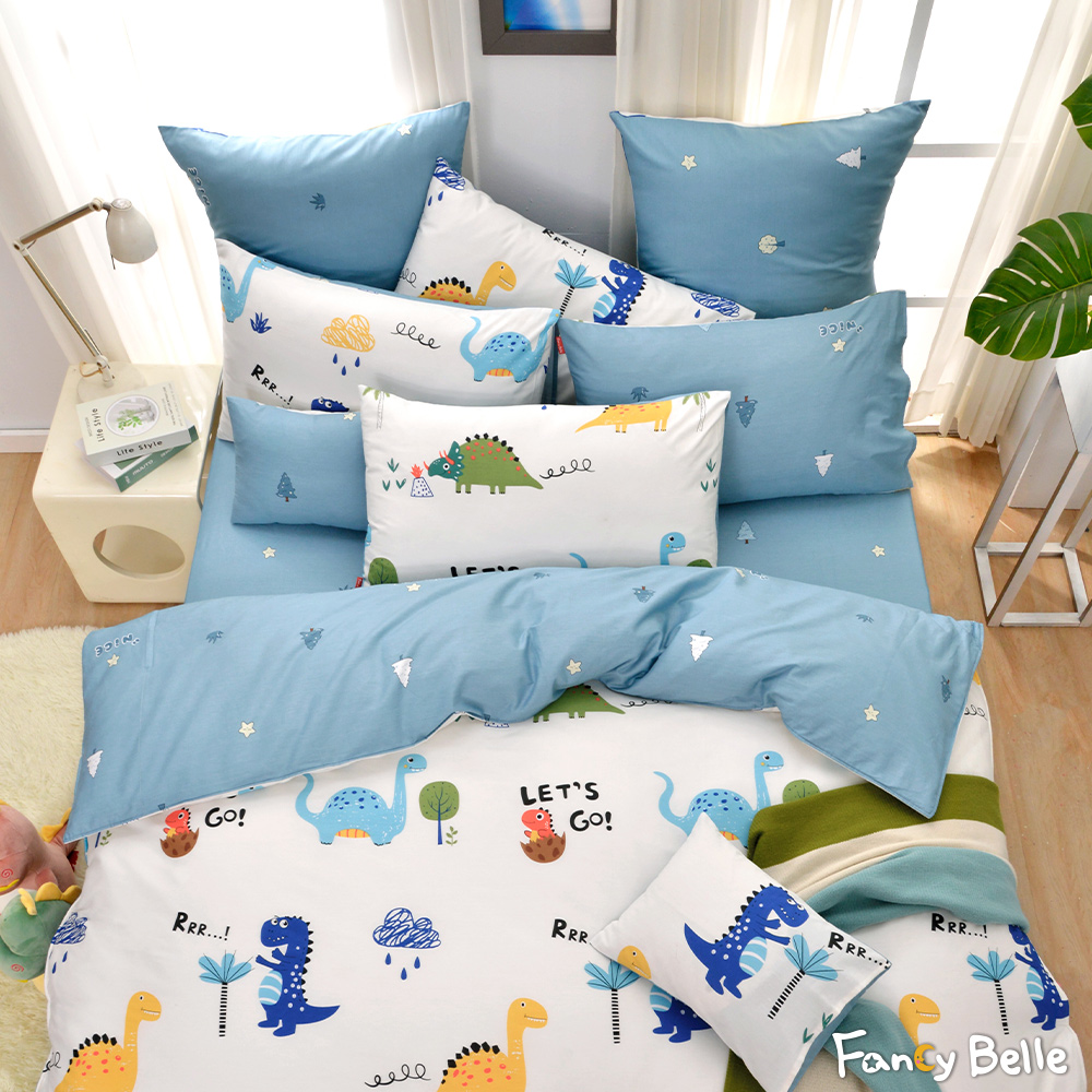 義大利Fancy Belle《庫克恐龍》雙人純棉四件式防蹣抗菌吸濕排汗兩用被床包組