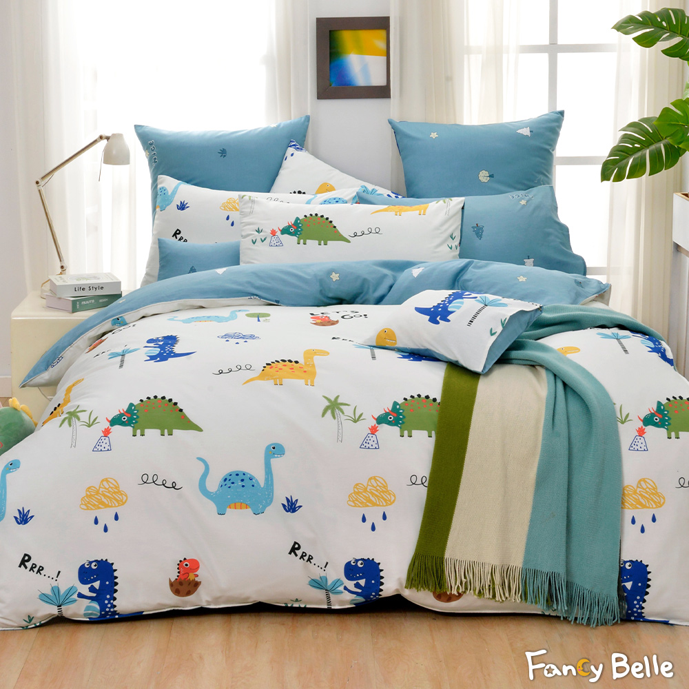 義大利Fancy Belle《庫克恐龍》雙人純棉四件式防蹣抗菌吸濕排汗兩用被床包組