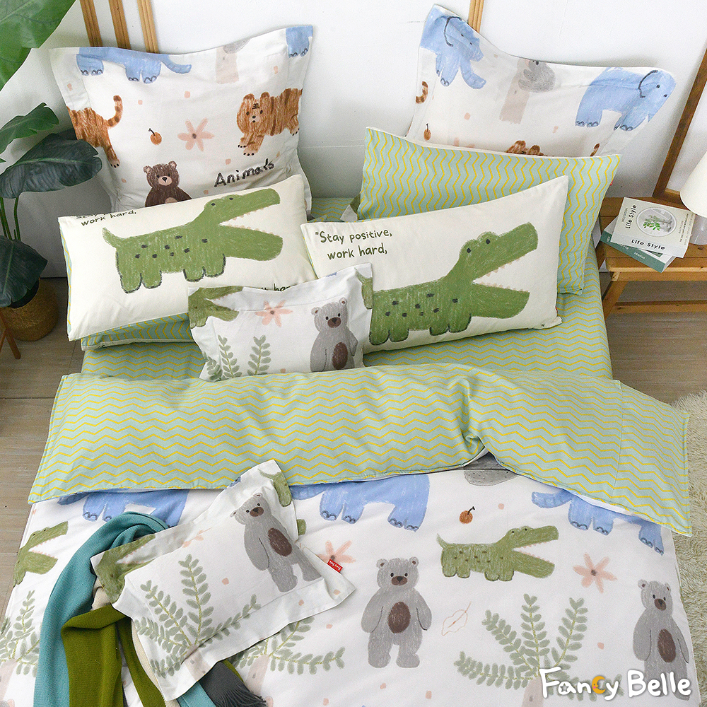 義大利Fancy Belle《森林動物會》雙人純棉四件式防蹣抗菌吸濕排汗兩用被床包組