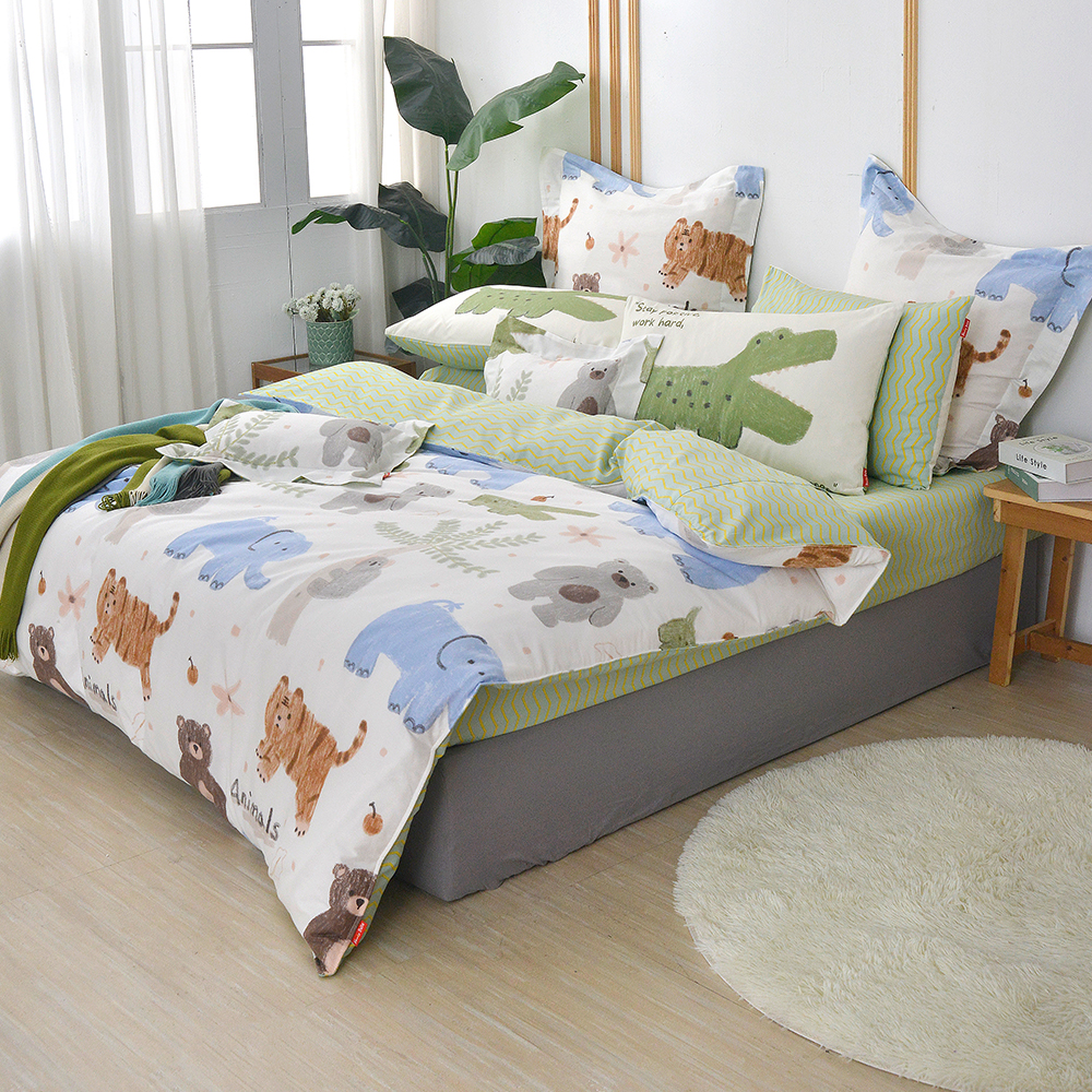 義大利Fancy Belle《森林動物會》單人純棉三件式防蹣抗菌吸濕排汗兩用被床包組