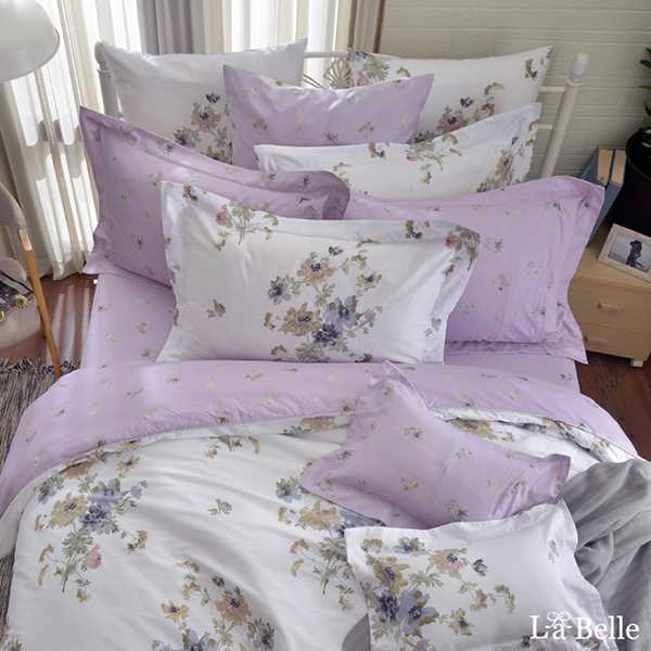 義大利La Belle《紫漾花開》雙人純棉防蹣抗菌吸濕排汗兩用被床包組