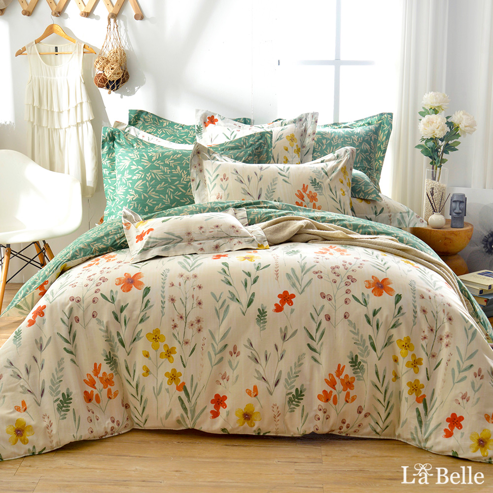 義大利La Belle《綠野青青》雙人純棉防蹣抗菌吸濕排汗兩用被床包組