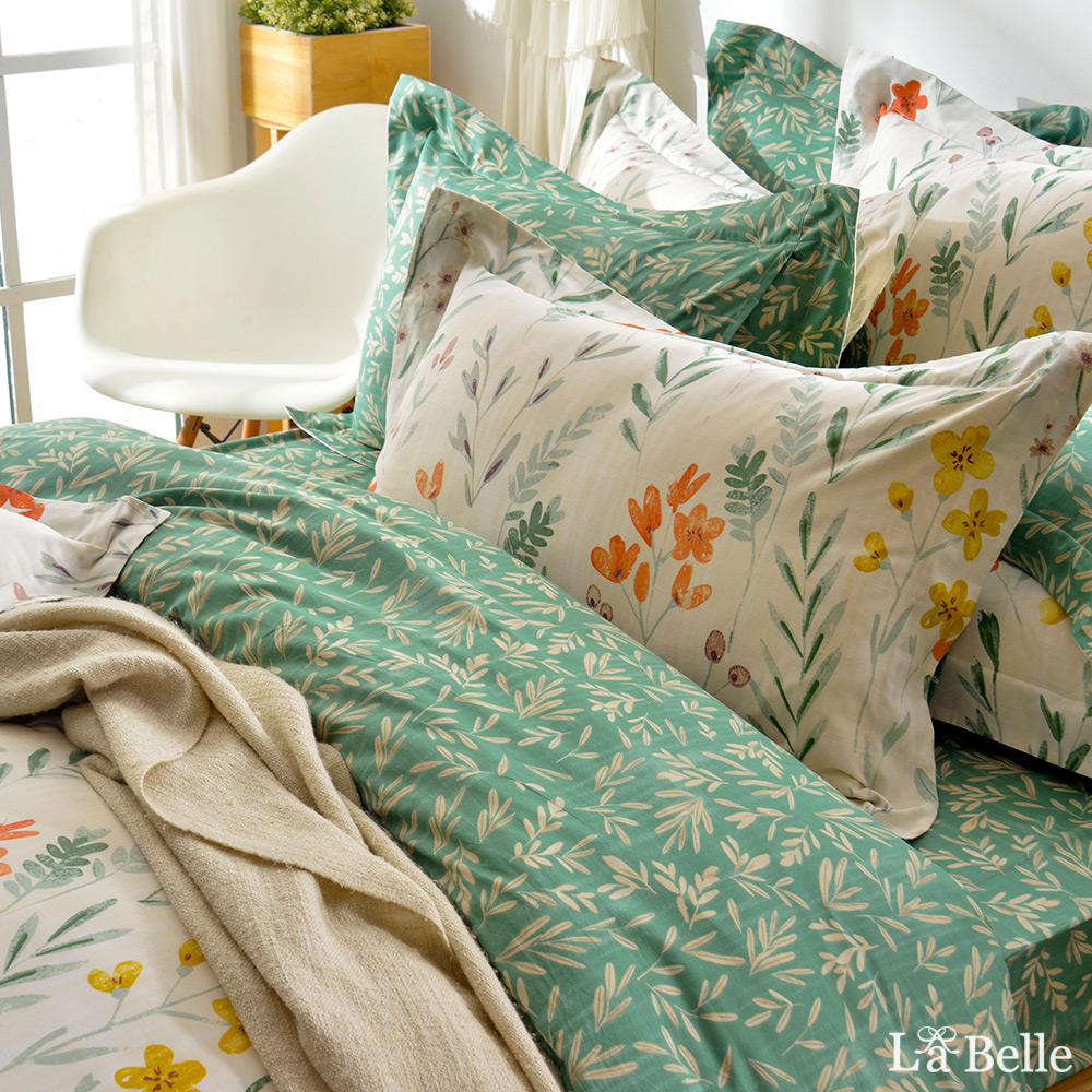 義大利La Belle《綠野青青》雙人純棉防蹣抗菌吸濕排汗兩用被床包組