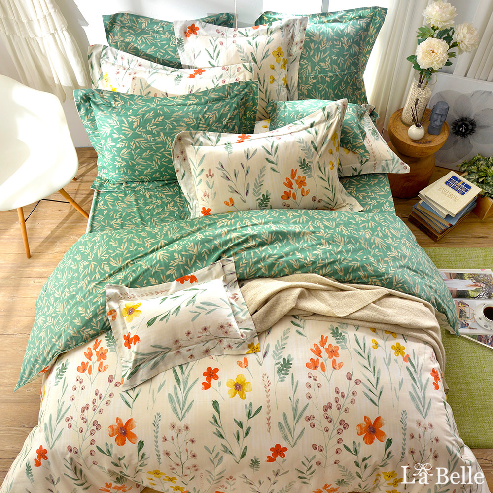 義大利La Belle《綠野青青》雙人純棉防蹣抗菌吸濕排汗兩用被床包組