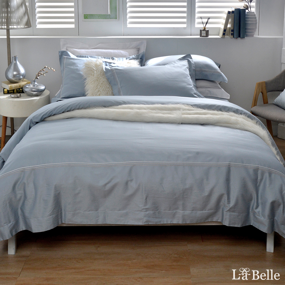 義大利La Belle《典雅品味-霧灰藍》加大長絨細棉刺繡四件式被套床包組