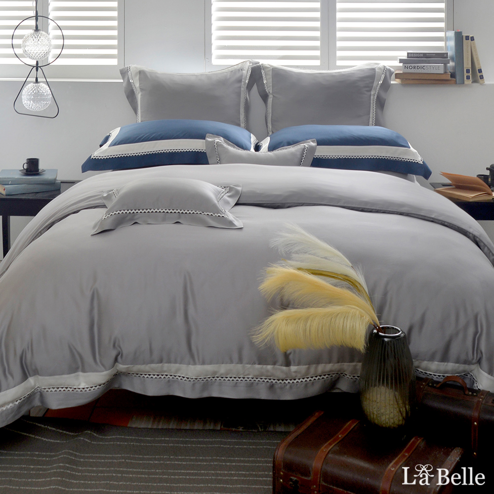 義大利La Belle《法式極簡》雙人天絲拼接蕾絲防蹣抗菌吸濕排汗兩用被床包組(共兩色)