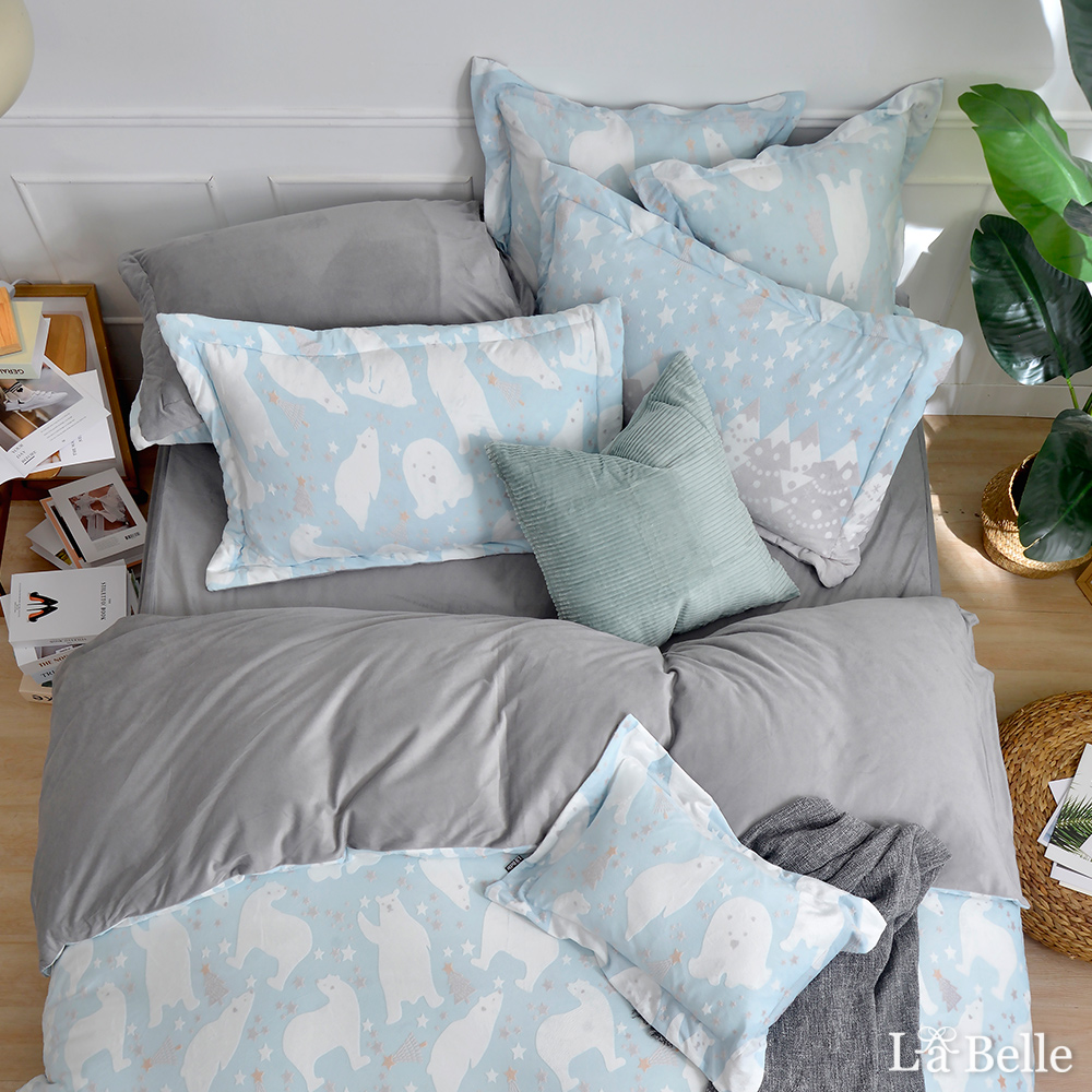 義大利La Belle《白熊物語》加大韓式立體雪雕絨防蹣抗菌吸濕排汗被套床包組(共兩色)