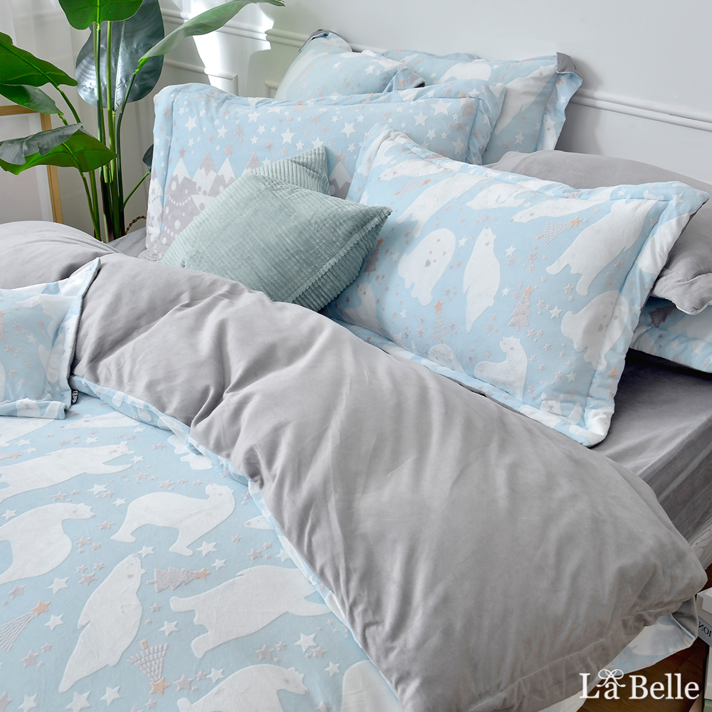 義大利La Belle《白熊物語》加大韓式立體雪雕絨防蹣抗菌吸濕排汗被套床包組(共兩色)