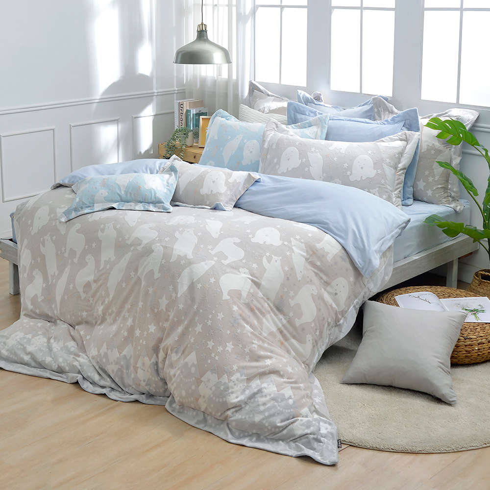 義大利La Belle《白熊物語》加大韓式立體雪雕絨防蹣抗菌吸濕排汗被套床包組(共兩色)