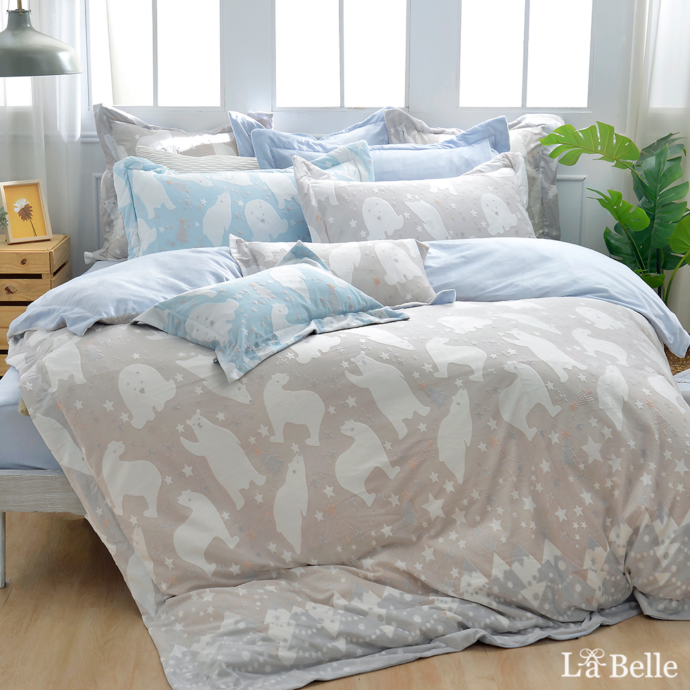 義大利La Belle《白熊物語》加大韓式立體雪雕絨防蹣抗菌吸濕排汗被套床包組(共兩色)
