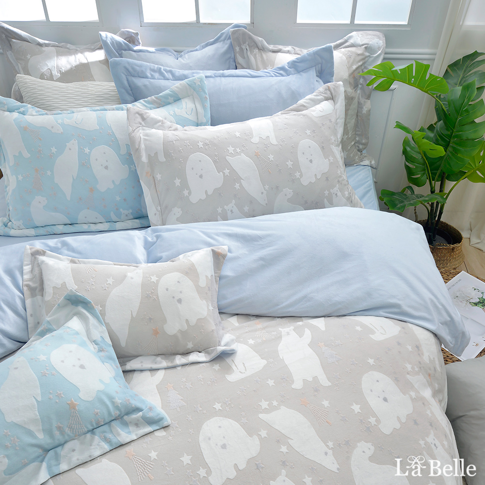 義大利La Belle《白熊物語》加大韓式立體雪雕絨防蹣抗菌吸濕排汗被套床包組(共兩色)