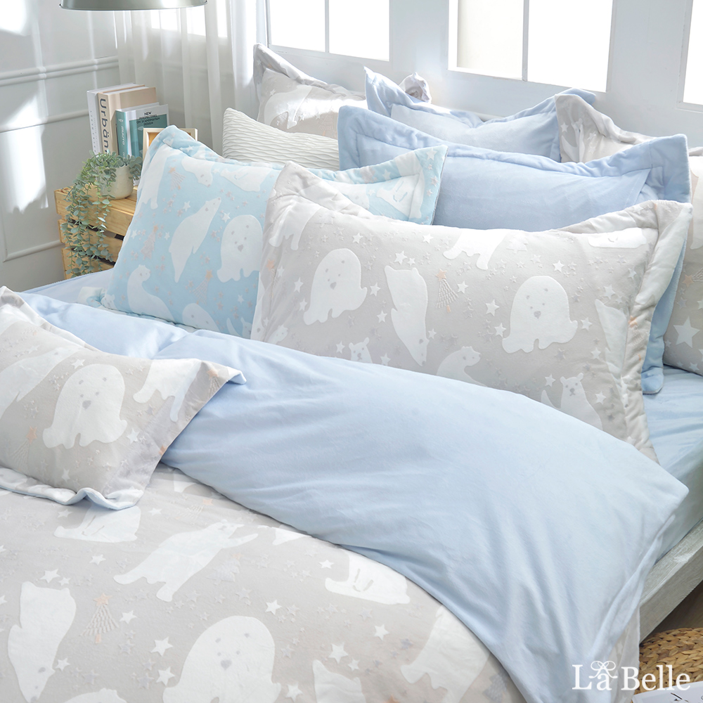 義大利La Belle《白熊物語》加大韓式立體雪雕絨防蹣抗菌吸濕排汗被套床包組(共兩色)