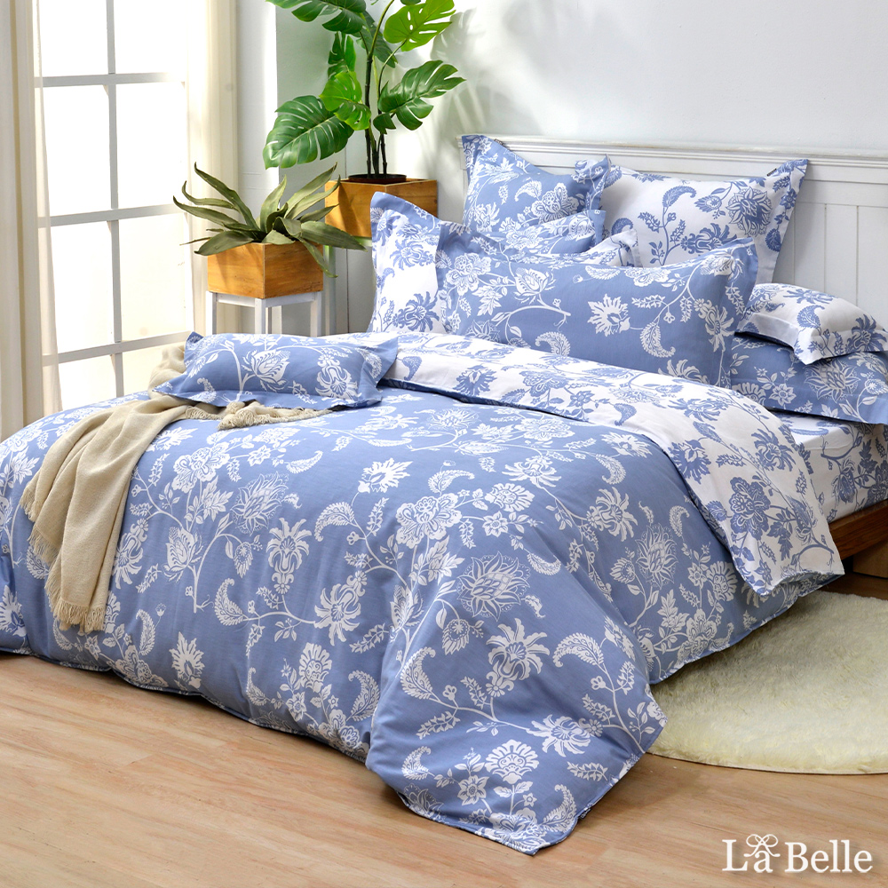 義大利La Belle《幽藍花影》雙人純棉四件式防蹣抗菌吸濕排汗兩用被床包組