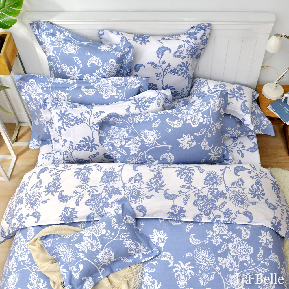義大利La Belle《幽藍花影》雙人純棉四件式防蹣抗菌吸濕排汗兩用被床包組