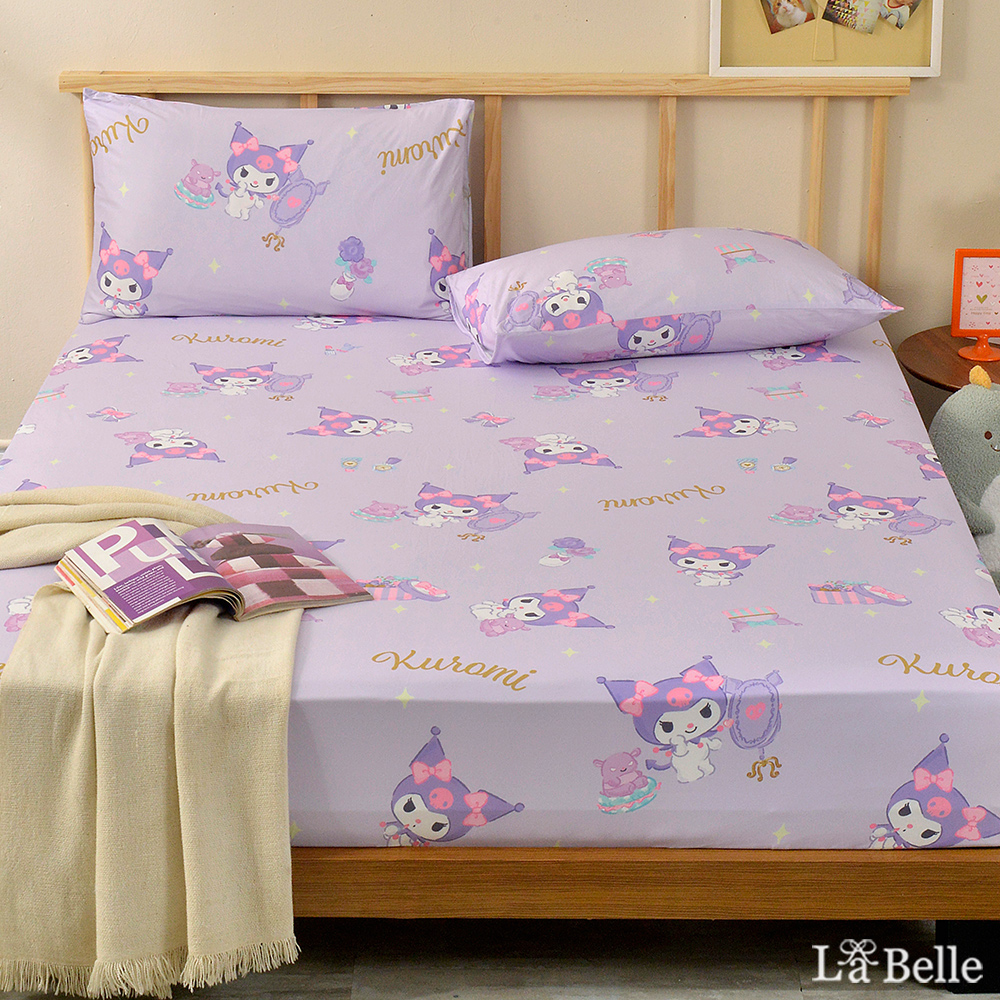 [超值組合]義大利La Belle《Sanrio-魔鏡酷洛米》雙人海島針織床包枕套組+大容量洗衣袋1入