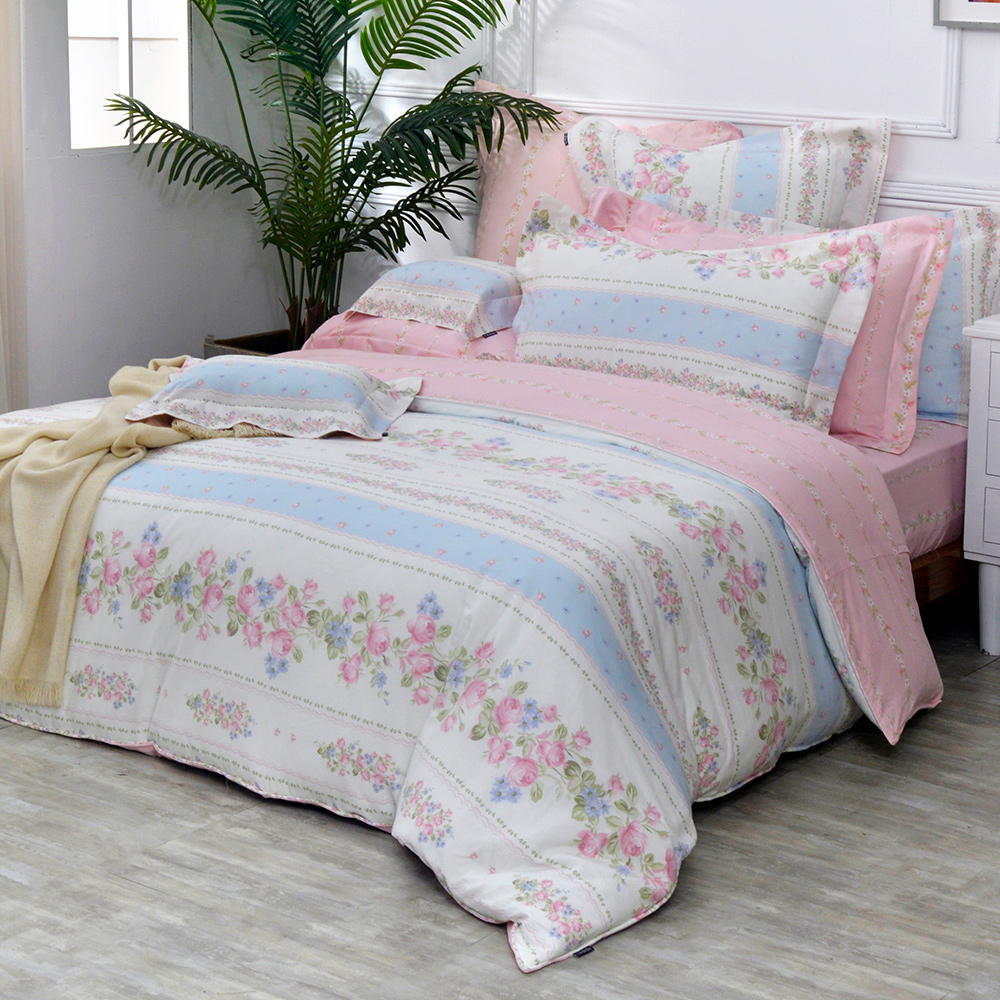 義大利La Belle《南藍繫語》特大純棉四件式防蹣抗菌吸濕排汗兩用被床包組