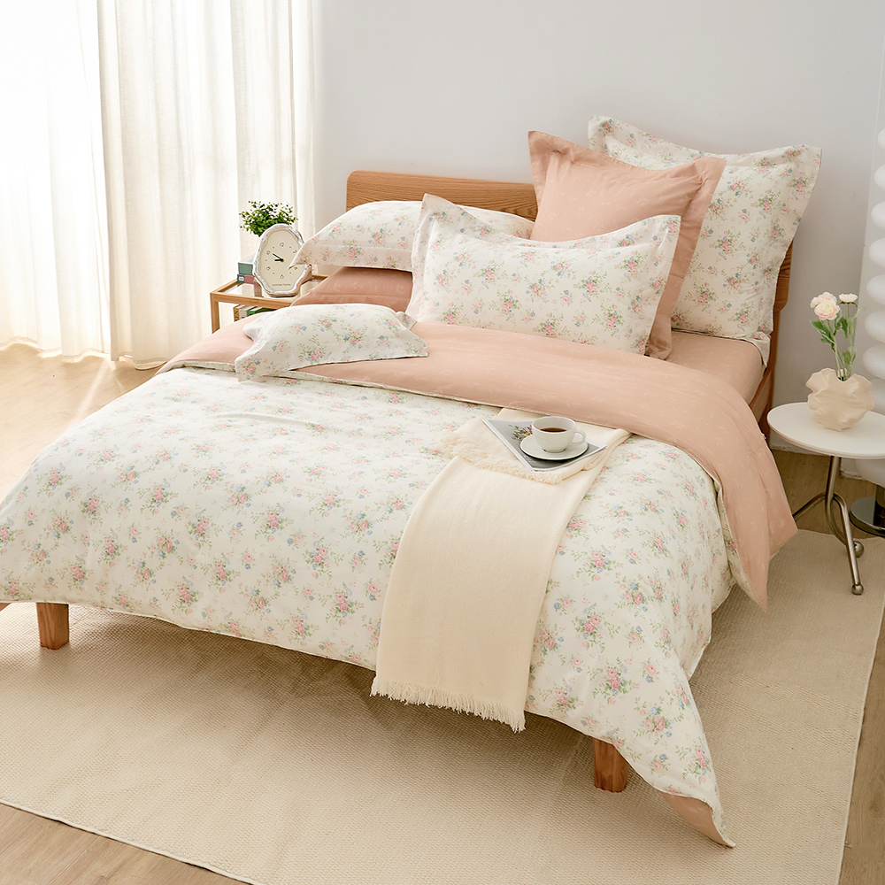 義大利La Belle《瑰夏之夢》加大純棉四件式防蹣抗菌吸濕排汗兩用被床包組