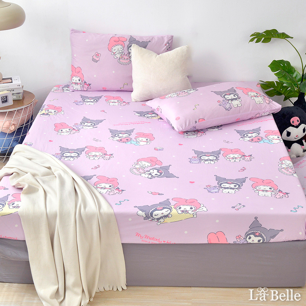 [超值組合]義大利La Belle《Sanrio-My Melody & KUROMI白粉天使》加大海島針織床包枕套組+大容量洗衣袋1入