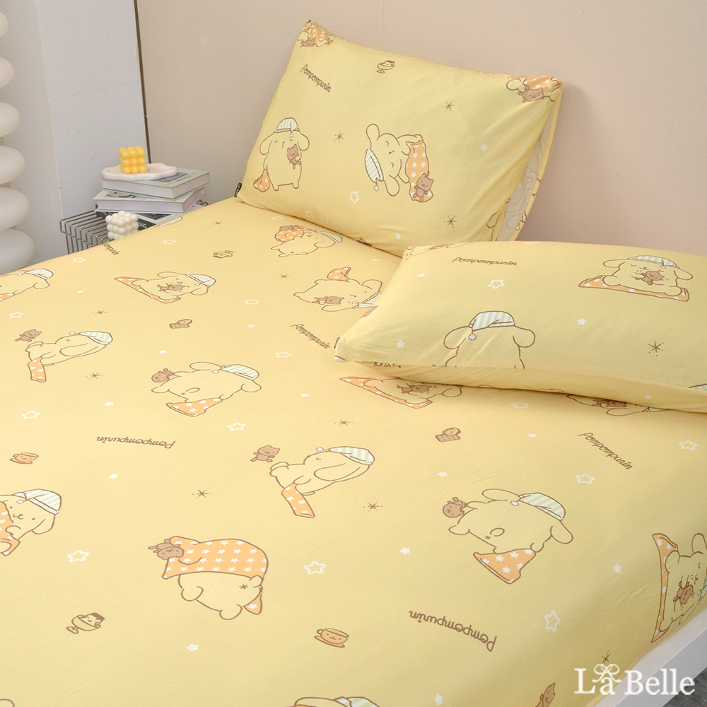 [超值組合]義大利La Belle《Sanrio-布丁狗唔唔睏zZ》雙人海島針織床包枕套組+大容量洗衣袋1入