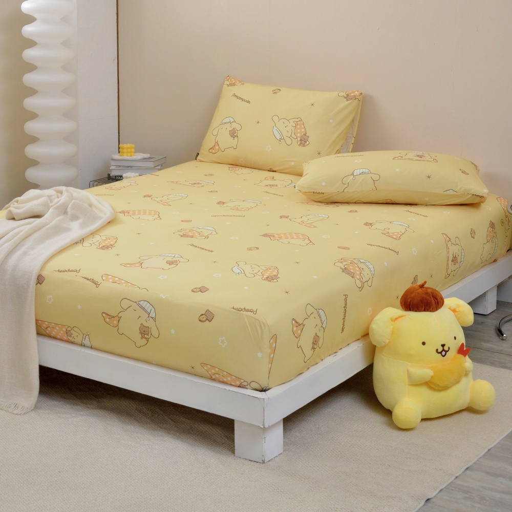 [超值組合]義大利La Belle《Sanrio-布丁狗唔唔睏zZ》加大海島針織床包枕套組+大容量洗衣袋1入